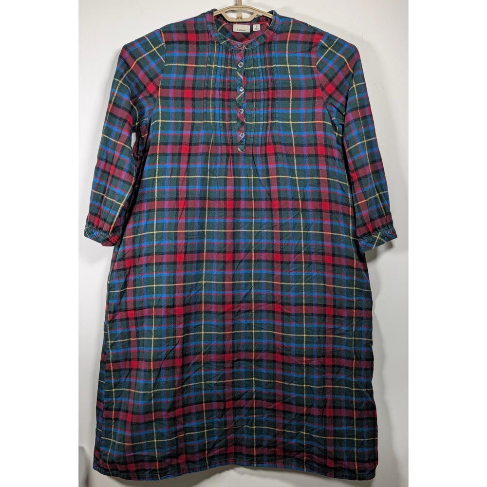 LL Bean Womens Flannel Nightgown Dress 503279 Cotton Plaid Red Green Blue M PET